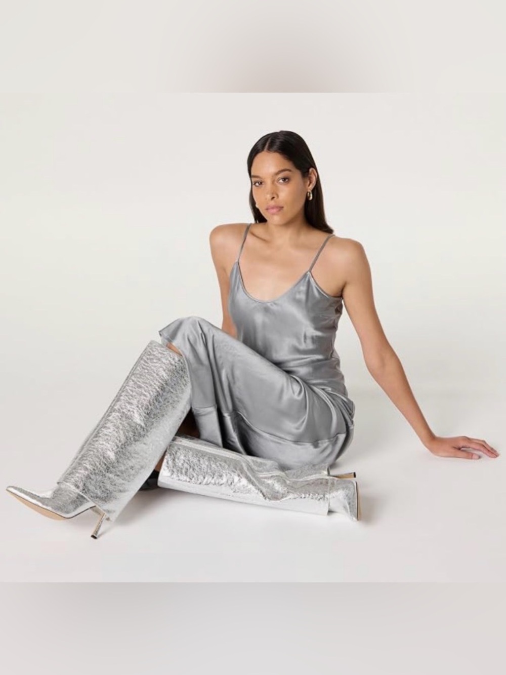 The Drop~Metallic Silver Knee-High Heeled Boots - Women's Fashion Boots
